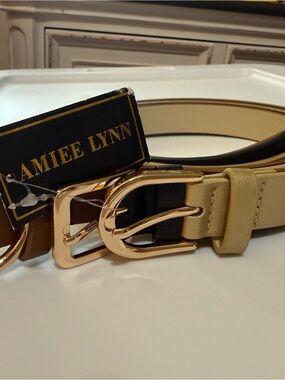 Amiee Lynn Double Buckle Leather Belt - Beige